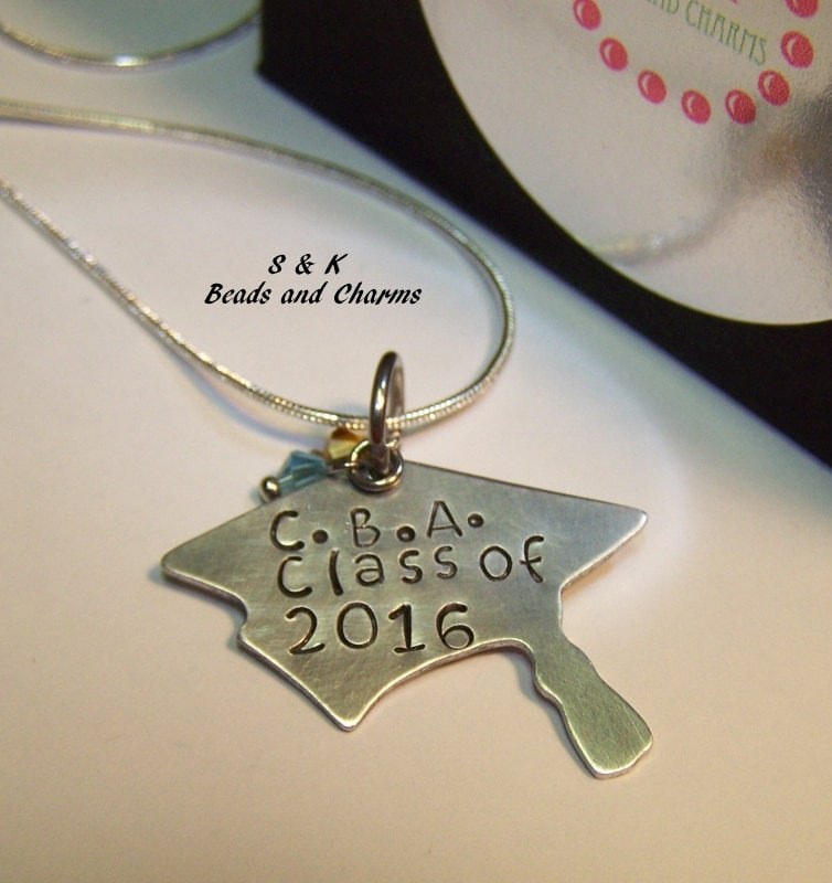 personalized jewelry for graduation gift, custom hand stamped jewelry , grad cap necklace , gift for senior
