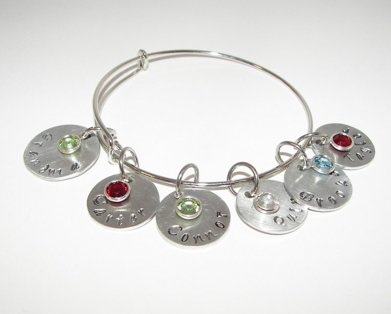 personalized Mothers adjustable bangle charm bracelet with kids name & birthstones, personalized custom hand stamped jewelry