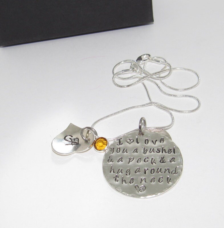 Sterling silver I love you a bushel and a peck necklace, personalized mom necklace , Grand mothers Hand stamped jewelry, handstamped gifts