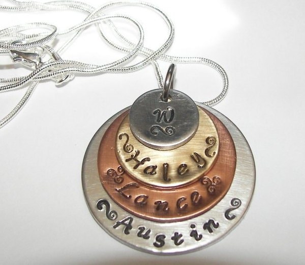 4 layer mixed metal mothers necklace with kids names, personalized jewelry for mom , custom hand stamped jewelry handstamped jewelry