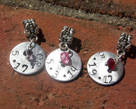 Custom hand stamped, European charms, hand stamped jewelry, birth date charm, personalized, European bracelet, engraved jewelry, handstamped