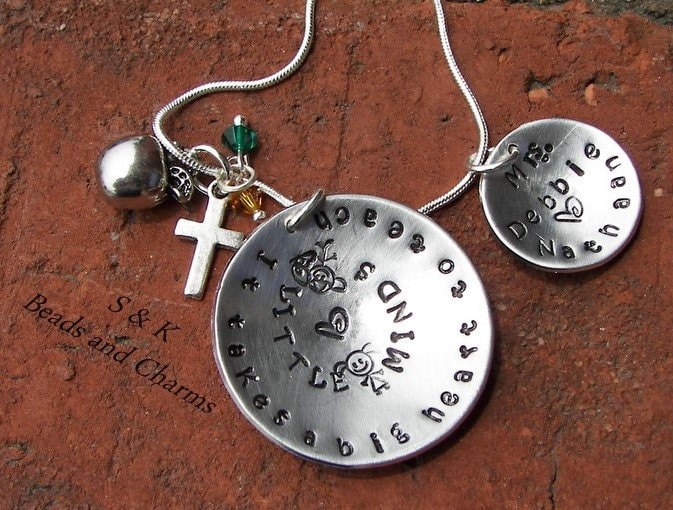 It takes a big heart to teach little minds, custom personalized hand stamped jewelry, teacher gift, from student handstamped jewelry