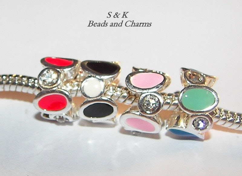 925 sterling enamel charm with gem, large hole charm bead for snake chain bracelets, European charm bracelet charms