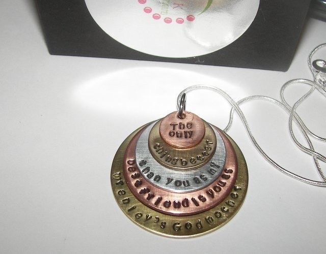 Godmother gift necklace, custom personalized hand stamped jewelry , grandmother 5 layer stacked charm handstamped jewelry