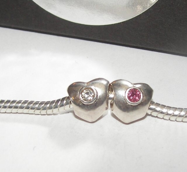 silver heart with gem stones sterling silver european charms, large whole bead for snake chain bracelet