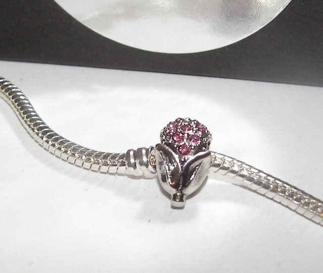 Pink flower and sterling silver european charms, large whole bead for snake chain bracelet, fits charm bracelet