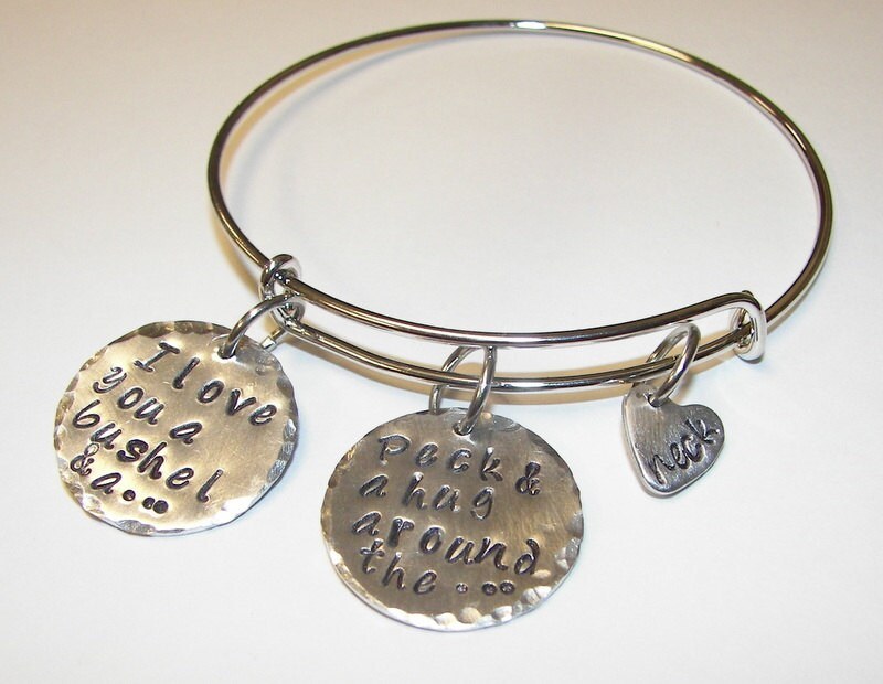 sterling silver, adjustable bangle, I love you a bushel and a peck and a hug around the neck , custom bangle bracelet, personalized jewelry