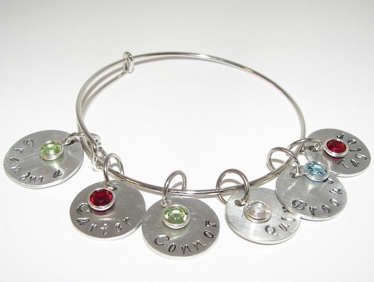 personalized sterling silver adjustable bangle mommy charm bracelet with kids names, custom hand stamped personalized jewelry
