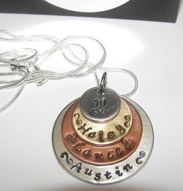 sterling silver, 4 layer mommy necklace, Hand stamped jewelry, mommy jewelry, engraved jewelry, layer stacked necklace, stamped jewelry