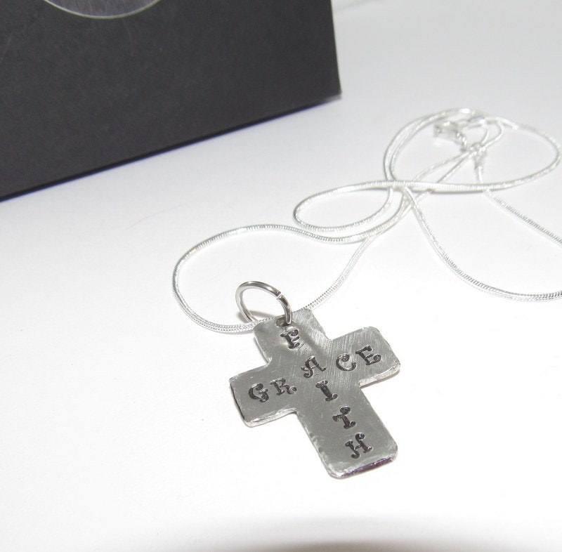 Faith and grace pewter cross charm ,hand stamped personalized jewelry for mom, custom hand stamped mother necklace, encouragement gift