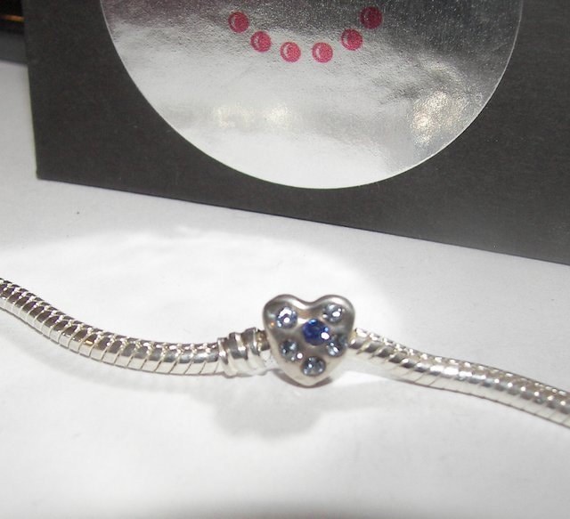 Heart with blue stones , sterling silver european charms, large whole bead for snake chain bracelet