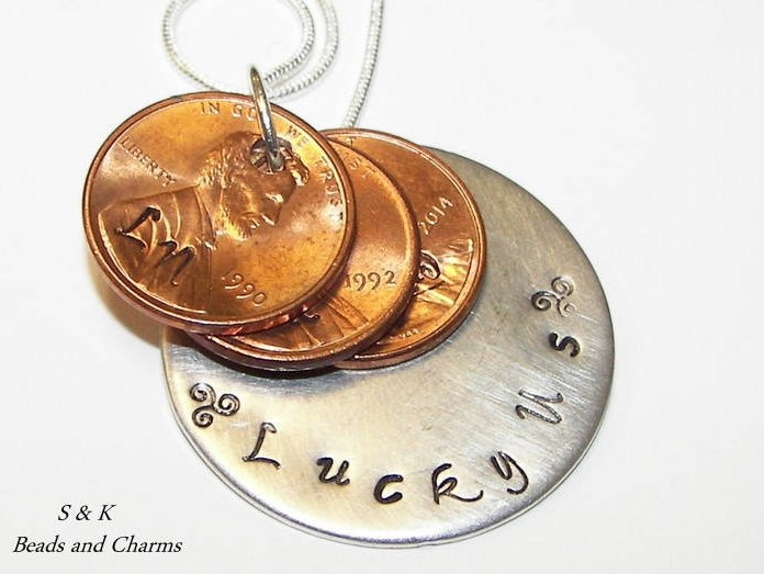 personalized Lucky Us personalized penny necklace , Custom hand stamped penny jewelry for mom , mothers jewelry handstamped jewelry