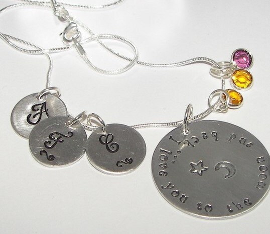 personalized I love you to the moon an back mommy necklace, custom personalized hand stamped jewelry, mommy jewelry with kids names
