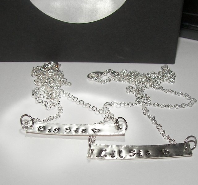 sterling, lil sis necklace, big sis necklace, Personalized Bar Necklace, hand stamped jewelry, personalized jewelry, hand stamped, engraved