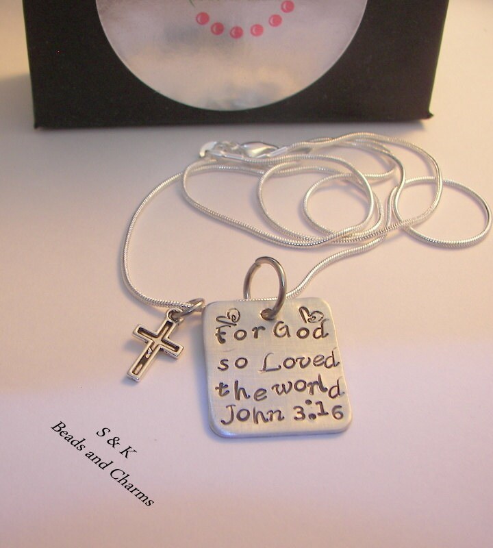 personalized Sterling silver For God so loved the world John 3 :16 , religous jewelry for her, Custom Hand stamped jewelry