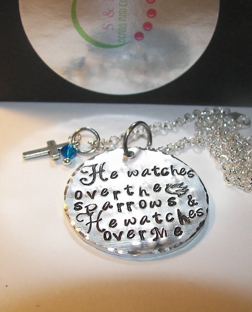 He watches over the sparrows, hand stamped jewelry, custom stamped, mommy jewelry, personalized, personalized jewelry, inspirational charm