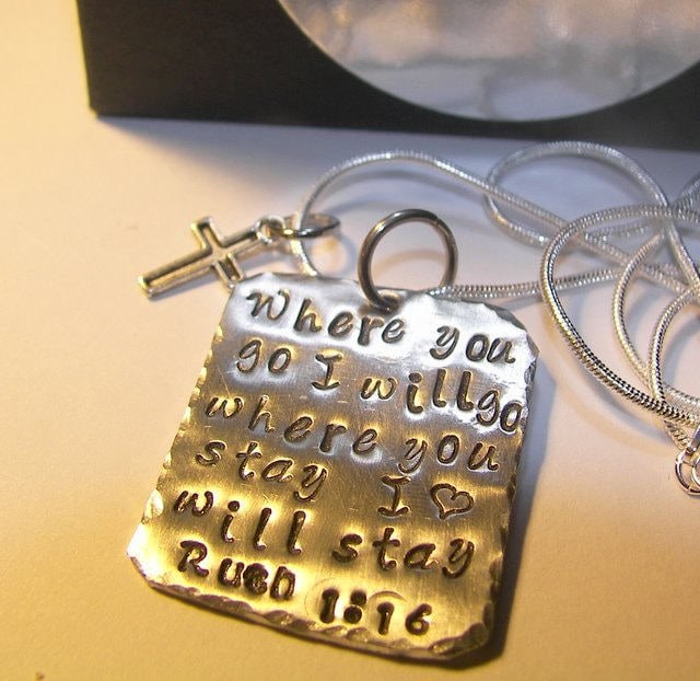 personalized Ruth 1:13, mommy necklace where you go I will go . Personalized hand stamped jewelry. Handstamped gift for her.