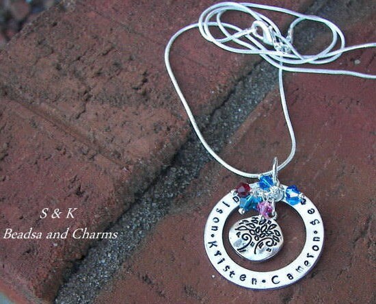personalized Sterling silver Custom personalized mothers necklace, Hand stamped jewelry name necklace with kids names for mom Active Photos
