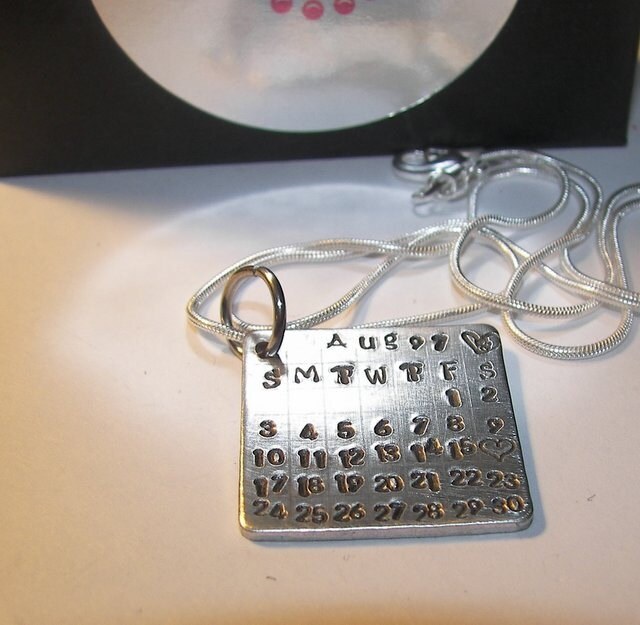 Anniversary necklace, Save the Date Calendar, hand stamped jewelry, Engraved Jewelry, Bridal Shower, hand stamped