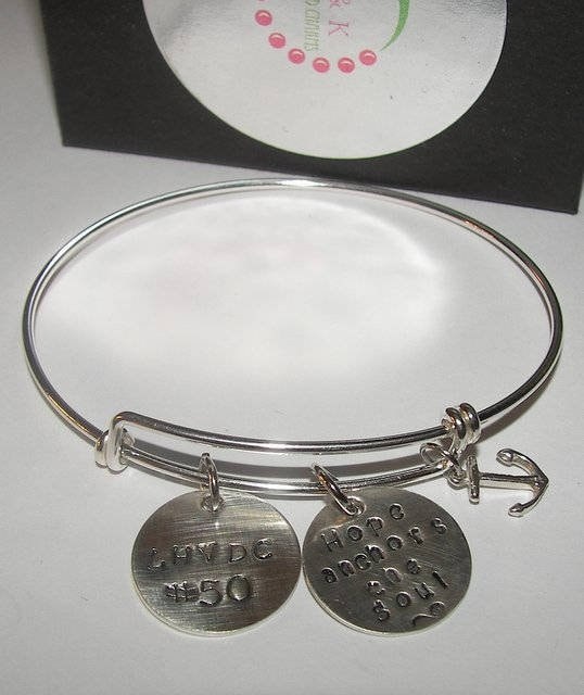 personalized Hope anchors the soul, sterling silver adjustable bangle, personalized jewelry with christian quote, hand stamped jewelry