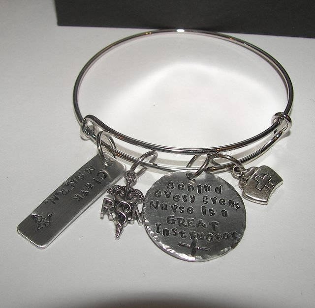 personalized Behind every nurse is a great instructor bangle bracelet, hand stamped jewelry, RN nurse gift, personalized jewelry