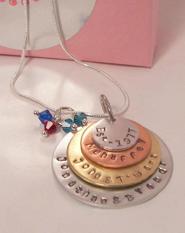Custom jewelry gift for mom with kids names and birthstones, hand stamped mothers necklace in mixed metals , Mother's personalized jewelry