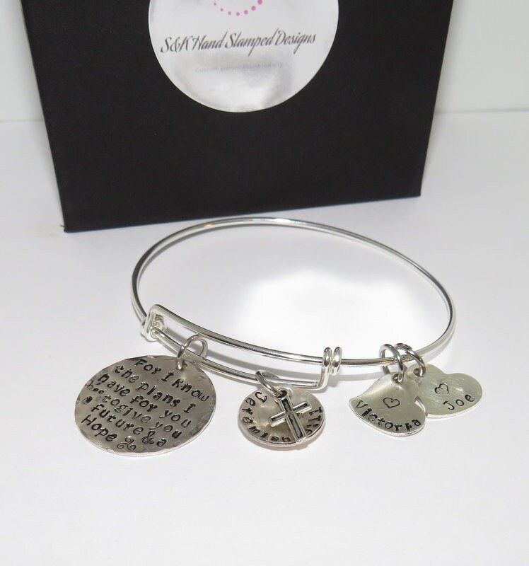 Sterling silver For I know the Plans I have for you custom hand stamped jewelry, personalized religious adjustable bangle, Jeremiah 29:11