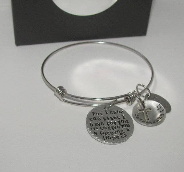 personalized For I know the Plans I have for you custom hand stamped jewelry, personalized religious adjustable bangle, Jeremiah 29:11