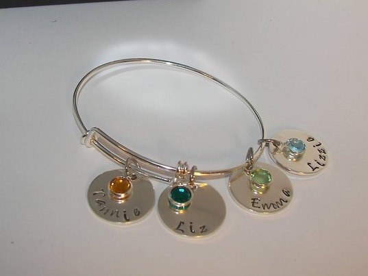 sterling silver Mothers Bracelet with kids names and birthstones, custom personalized hand stamped mommy jewelry, adjustable bangle bracelet
