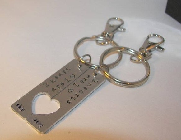 Personalized Split Heart Couples Key Chain Set, Hand Stamped bride and groom Keychains , custom personalized hand stamped key ring