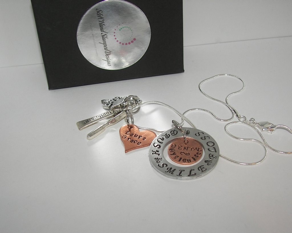 personalized Dental assistiant or dental hygiene necklace, custom hand stamped personalized jewelry for dental staff handstamped jewelry