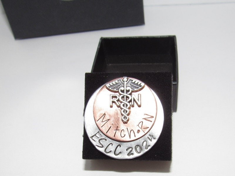 Nursing graduation pin, Nurse pinning gift LPN or RN, Hand stamped personalized jewelry, Pinning ceremony pins handstamped jewelry