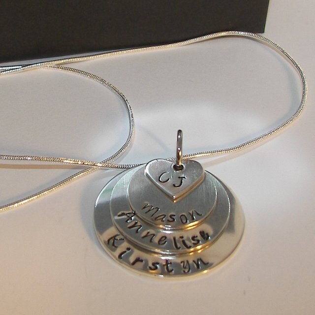 personalized sterling silver 4 layer Mommy necklace, custom hand stamped jewelry, layer necklace with kids names