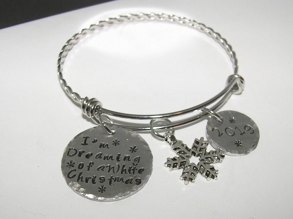 personalized I'm dreaming of a white Christmas , custom bangle bracelet, adjustable bangle, hand stamped personalized jewelry
