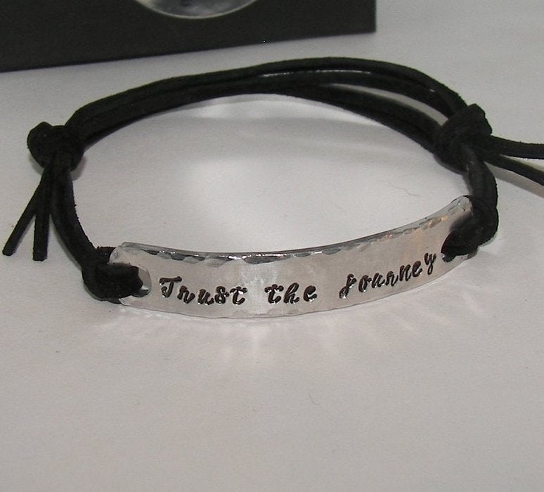 Skinny bar trust the journey, word bracelet, message and date bracelet for him, custom personalized bar bracelet, hand stamped jewelry