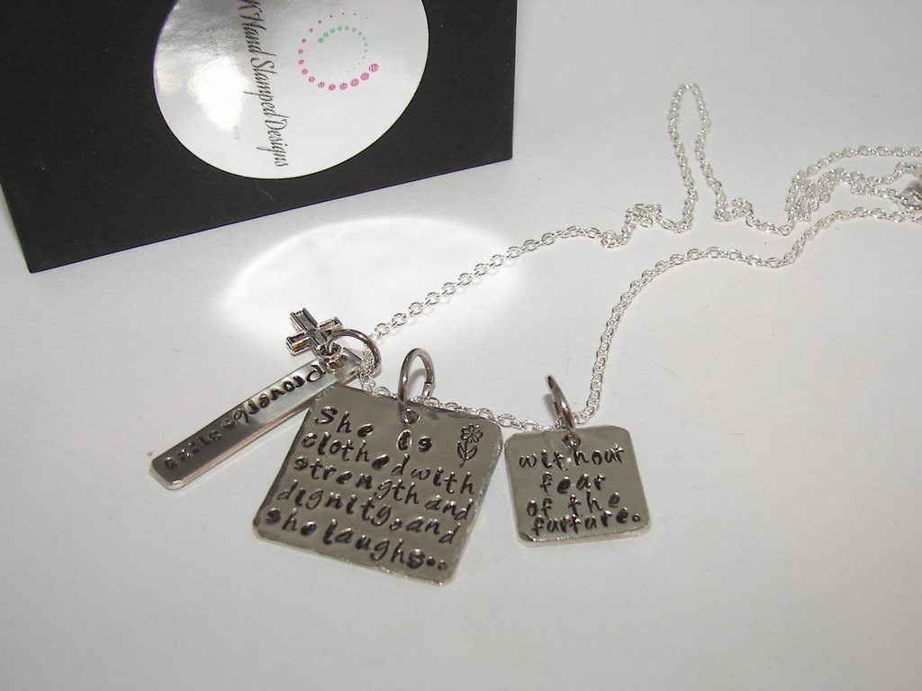 Proverbs 31:25, She is clothed with strength, Hand stamped jewelry, engraved jewelry, hand stamped, religious necklace, personalized jewelry
