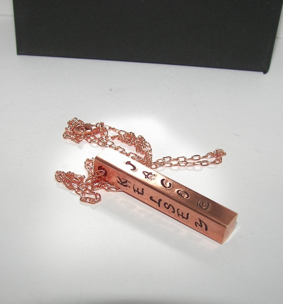 personalized Mother 4 sided bar neckace, Rose gold necklace with kids names , Personalized custom handstamped jewelry, copper bar necklace
