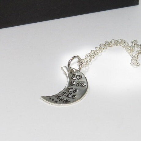 Sterling silver I love you to the moon mommy necklace, personalized jewelry for kids gift, grandmother gift from kids, hand stamped jewelry