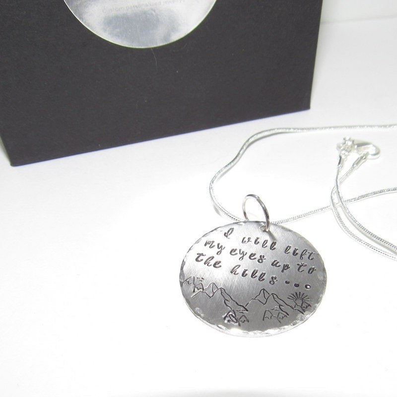 I will lift up my eyes psalms 121, mountain girl jewelry, custom hand stamped mountain necklace, handstamped mountain lover necklace
