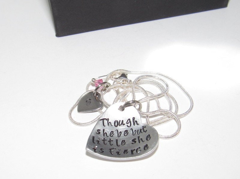 personalized Though she be little she is fierce, custom stamped necklace, personalized heart necklace, mother daughter gift,