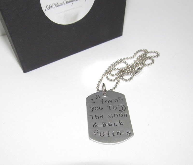 I love you to the moon, boys personalized dog tag necklace, jewelry gift for kids , teen boy gift , popular stamped quote jewelry.