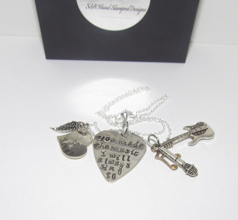 Sterling silver The music I sing to memorial guitar pick necklace, personalized jewelry , custom hand stamped jewelry, music lover gift