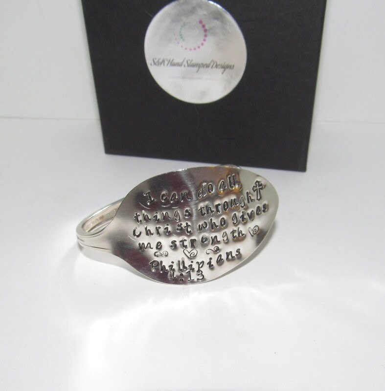 Personalized I can do all thing through Christ, Philippians 4:13, custom wording silverware cuff, encouragement gift for her