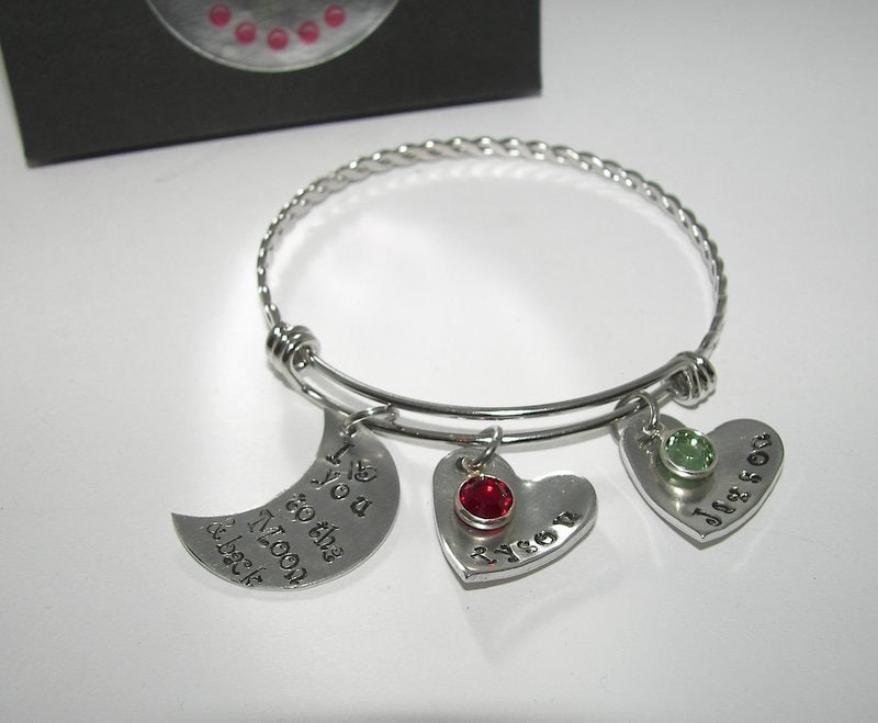 I love you to the moon and back, adjustable bangle bracelet, custom personalized hand stamped bracelet, mothers bangle with kids names