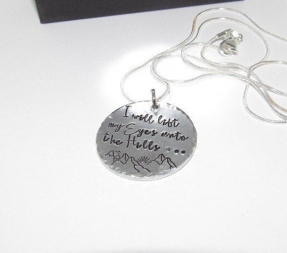 I will lift up my eyes psalms 121, mountain girl jewelry, custom hand stamped mountain necklace, handstamped mountain lover necklace