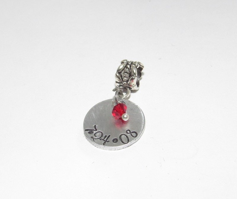 Custom hand stamped, European charms, hand stamped jewelry, birth date charm, personalized, European bracelet, engraved jewelry, handstamped
