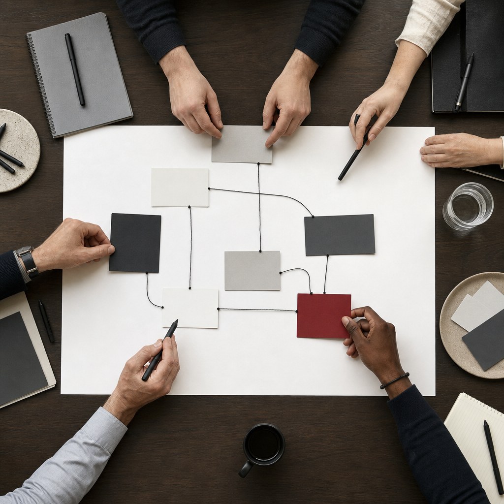 Hands organizing a transformation roadmap in an executive workshop