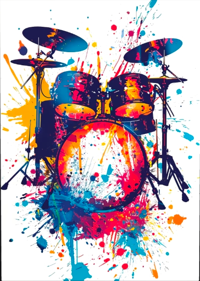 Colorful drum kit illustration for Bill Freiburg’s percussion profile