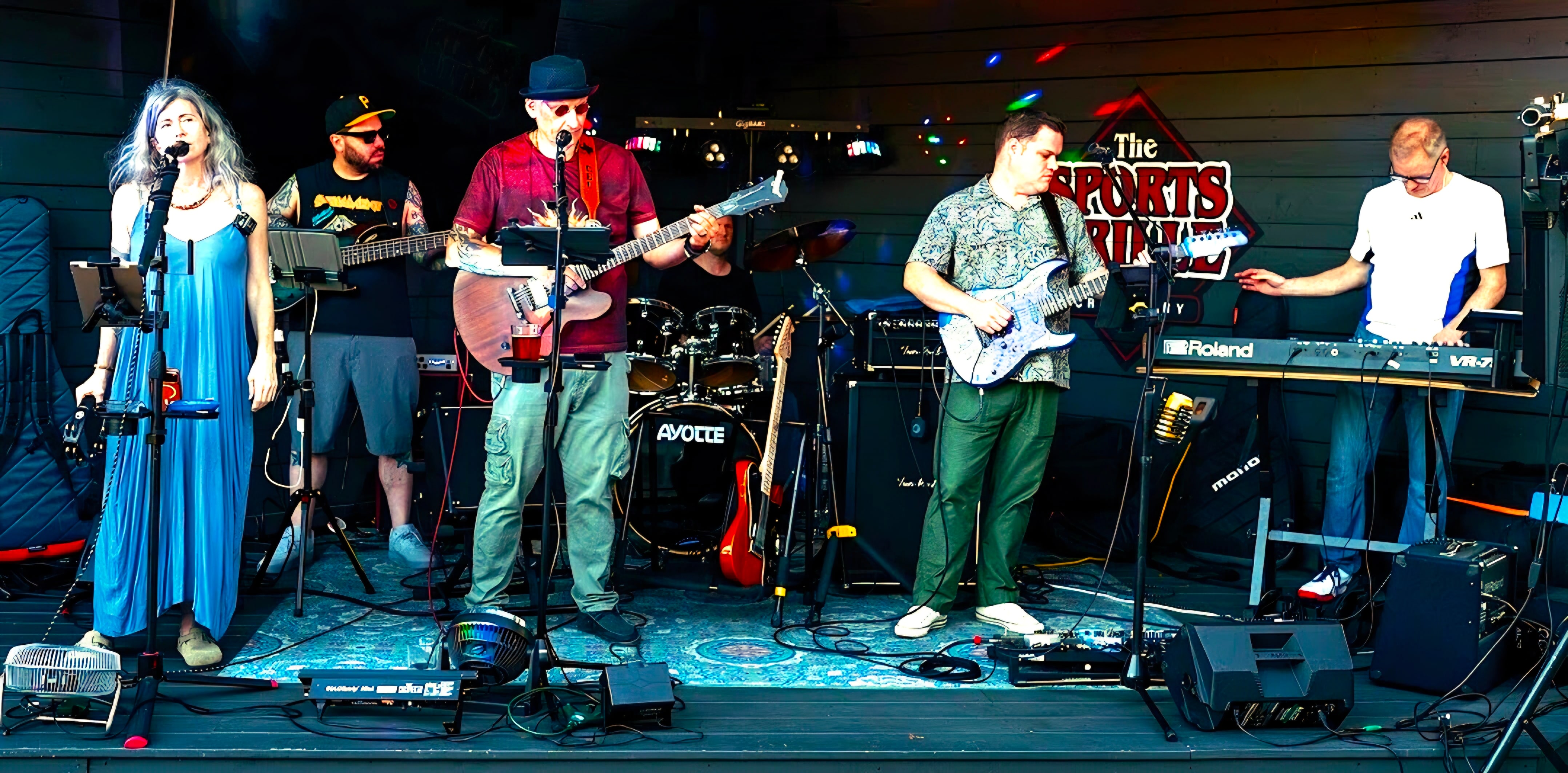 Clyde's Electric Chalkboard performing together on a summer stage