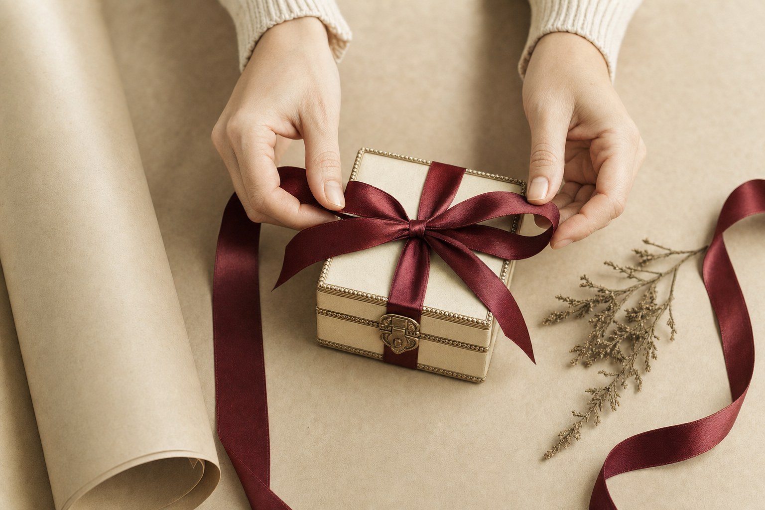 Hands tying a wine-red ribbon around a keepsake gift box
